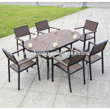 New arrive plastic wood outdoor furniture poolside dining set long table with 6 seater for leisure